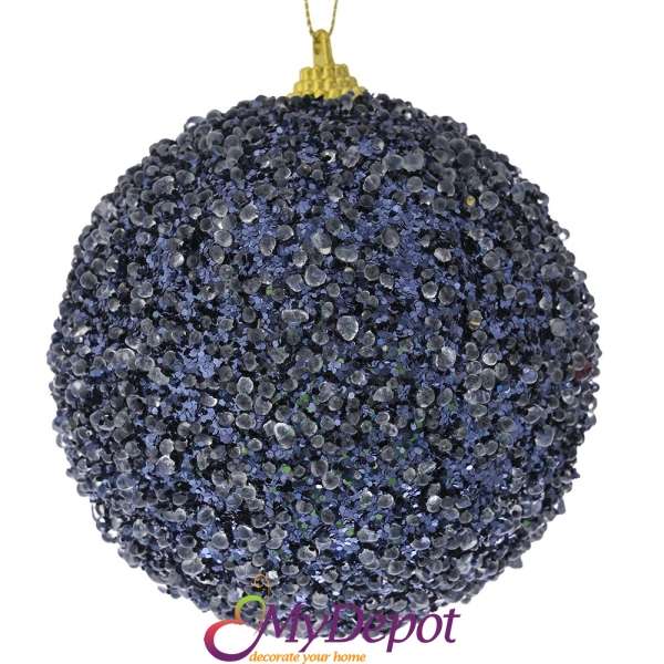Комплект от 4 бр. топки от полипяна покрити с тъмно сини пайети и мъниста, 10 см