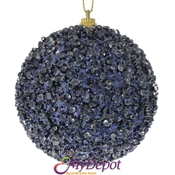Комплект от 6 бр. топки от полипяна покрити с тъмно сини пайети и мъниста, 8 см