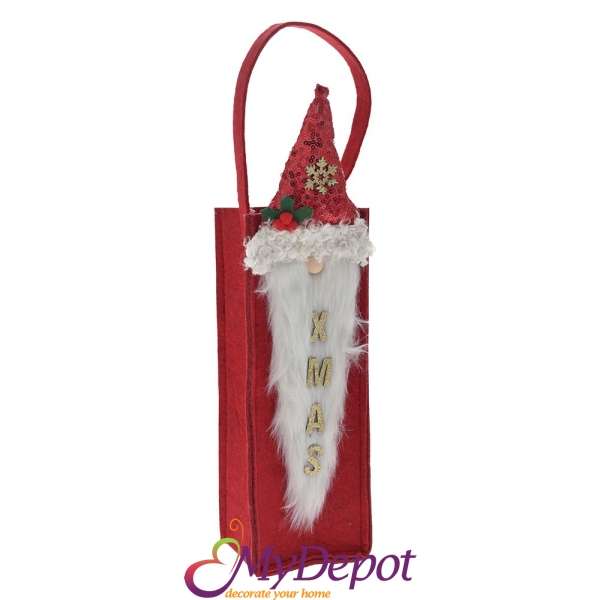 Торбичка за бутилка от червен филц с Дядо Коледа, 9,5х8х39 см