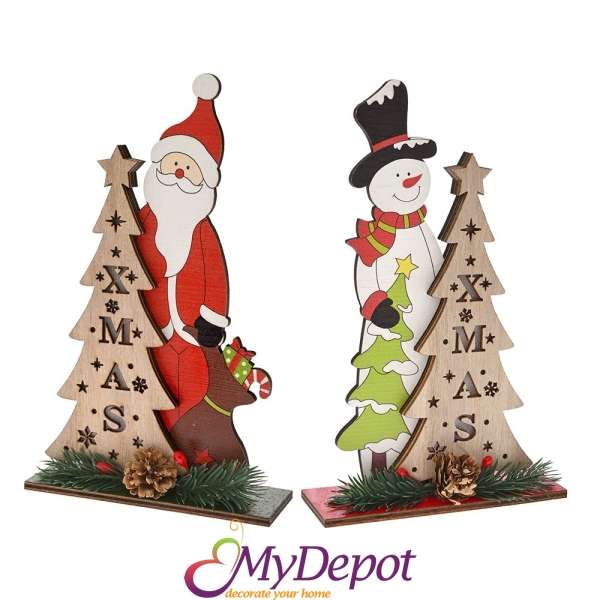 Дървена светеща фигурка Дядо Коледа / Снежко, 13х4.5х21 см, 2 модела