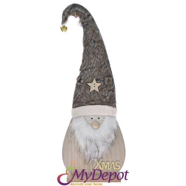 Коледен дървен Дядо Коледа с шапка от кафяв пух, 22х7х60 см