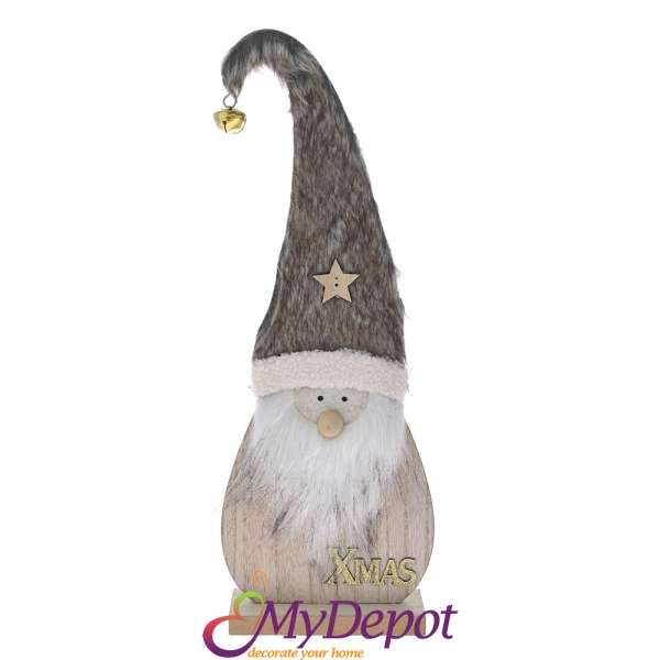Коледен дървен Дядо Коледа с шапка от кафяв пух, 16х6х45 см