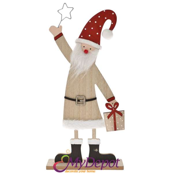 Дървена фигурка Дядо Коледа с пухкава брада и звезда, 19х6х40 см