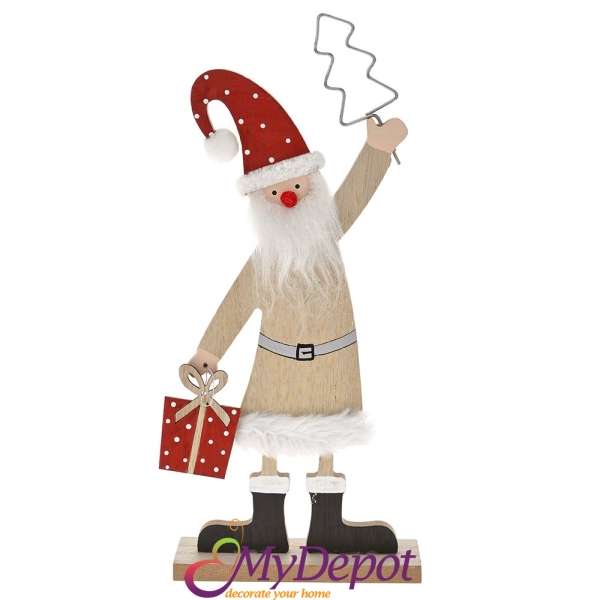 Дървена фигурка Дядо Коледа с пухкава брада и елха, 13х5х31 см