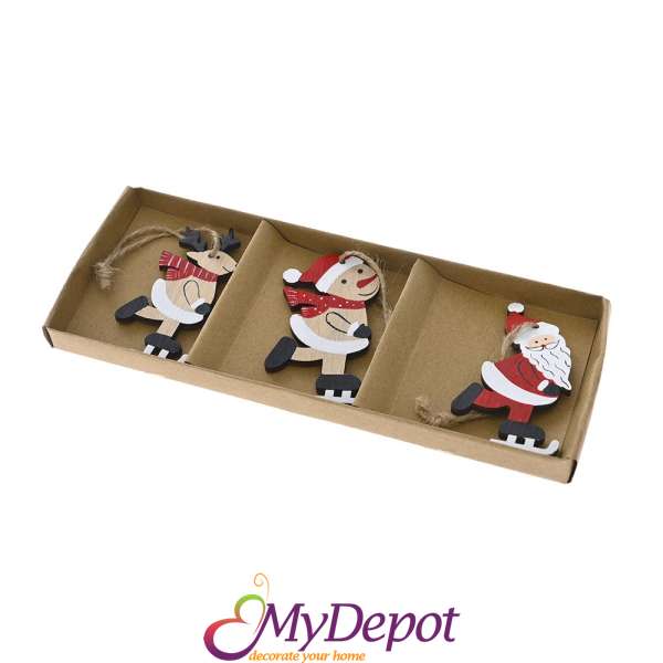 Комплект 3 бр дървени червено - бели висулки в подаръчна кутия, 7 см  