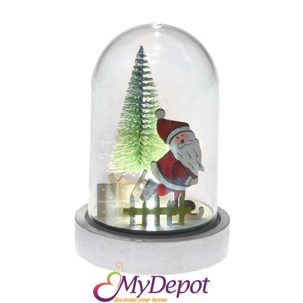Дървен Дядо Коледа с LED лампички в PVC буркан, 8.5х12.5 см