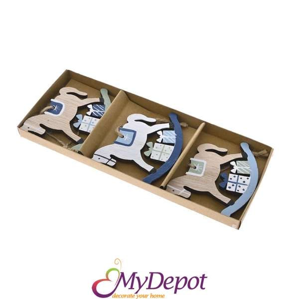 Комплект 3 бр дървени висулки сини кончета в подаръчна кутия, 7 см