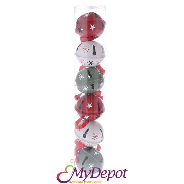 Метални звънчета, червено/зелено/бяло в тубос, 6 бр, 5 см