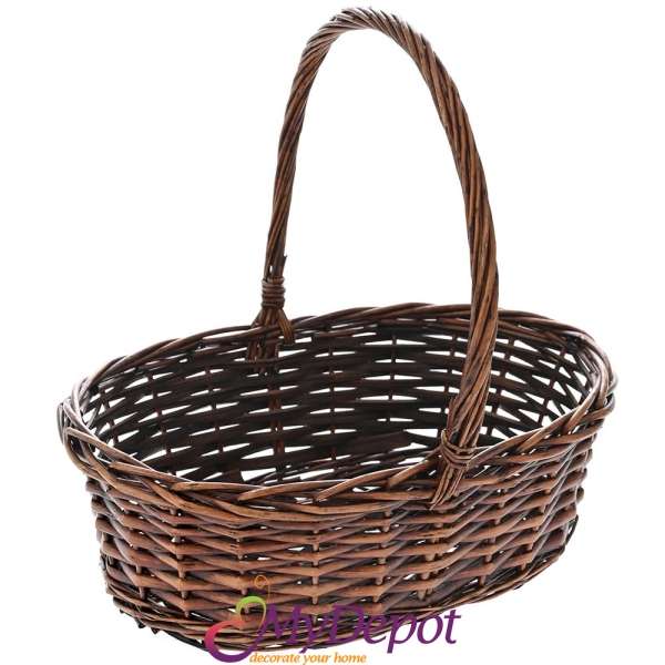Плетена кафява кошница с висока дръжка, 35х25х12 см