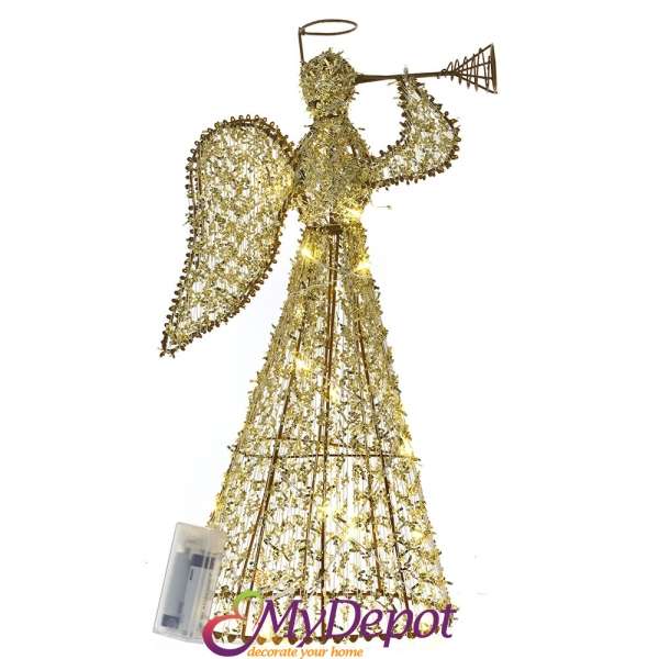 Златен светещ ангел с тромпет с 20 LED лампички, 23х8х40 см