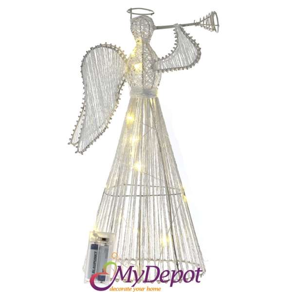 Бял светещ ангел с тромпет с 20 LED лампички, 23х8х40 см