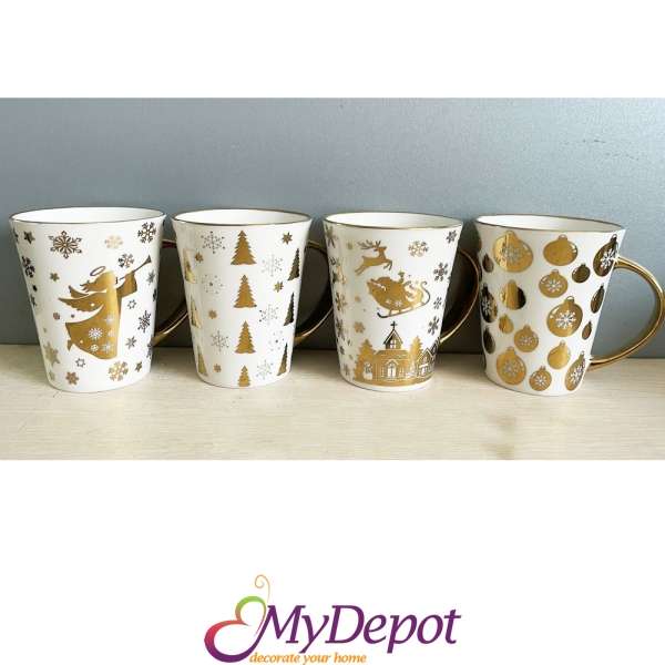 Керамична бяла чаша със златни коледни орнаменти и кант, 4 модела