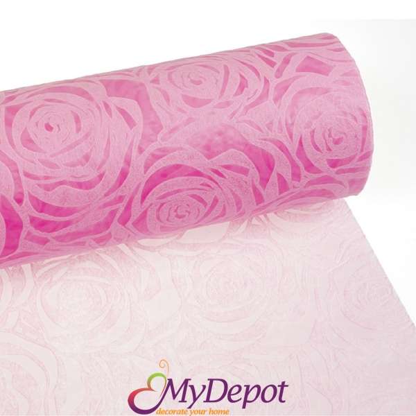 Опаковъчна ролка от еко текстил с 3D щампа - роза, розово, 60см Х 18 метра