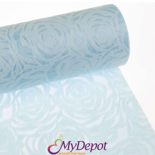 Опаковъчна ролка от еко текстил с 3D щампа - роза, светло синьо, 60см Х 18 метра