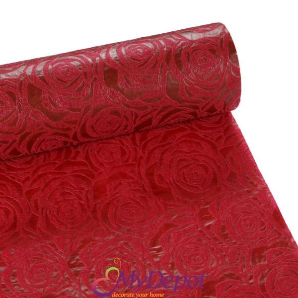 Опаковъчна ролка от еко текстил с 3D щампа - роза, рубинено червено, 60см Х 18 метра