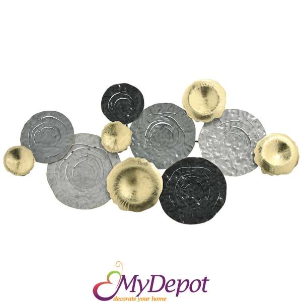 Метална стенна декорация - златни и сиви кръгове, 135х66 см
