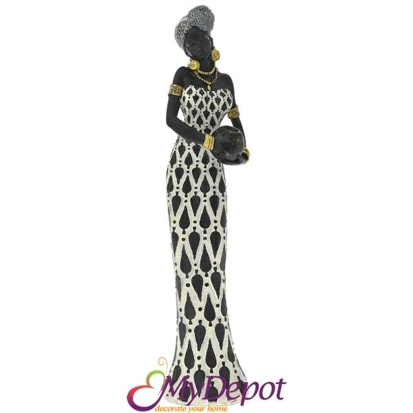 Полирезинова фигура Африканка с черно-бяла рокля, 8х7х36 см