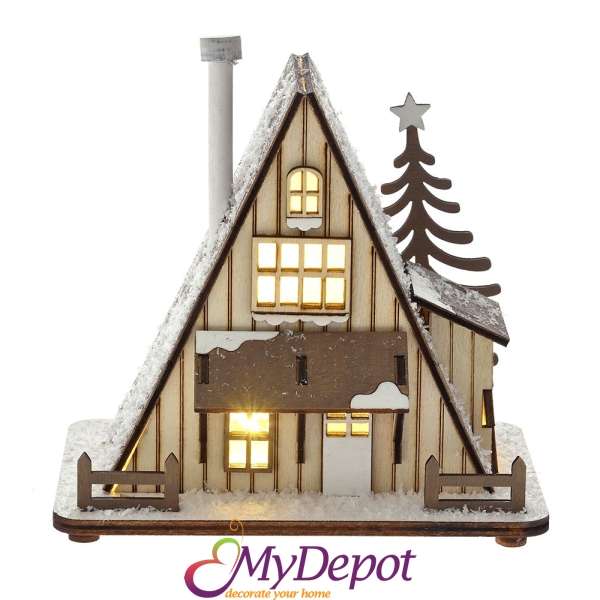  Коледна снежна дървена къща със светлини, 14Х9Х12 СМ 