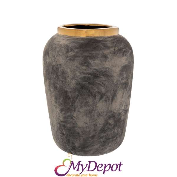 Сива керамична ваза със златен ръб, 25х34см.