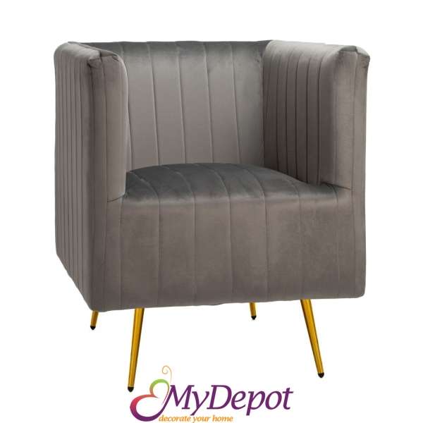 Сиво кадифено кресло с височина на облегалката 69x73x80 см със златни метални крака.
