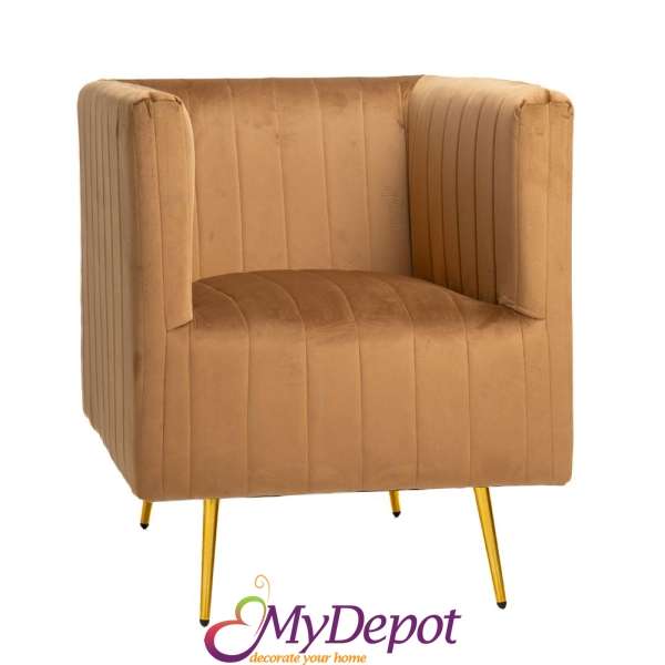 Кафяво кадифено кресло 69x73x80 см. височина на облегалката със златни метални крака.
