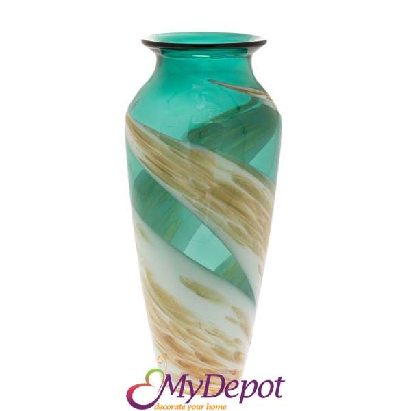 Тюркоазено-кремава прозрачна стъклена ваза ф16 16x36.5cm височина.