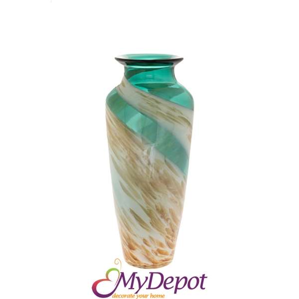 Тюркоазено-кремава прозрачна стъклена ваза ф13 13x31см височина.