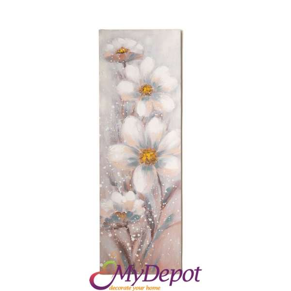 Маслена картина с бели цветя върху щамповано платно 40x3x120см.