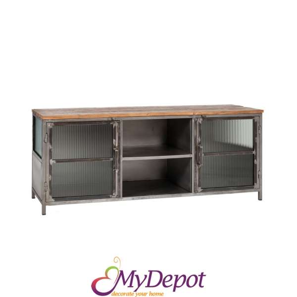 Метален шкаф със стъклени врати и дървена повърхност, 151x40x60 см.