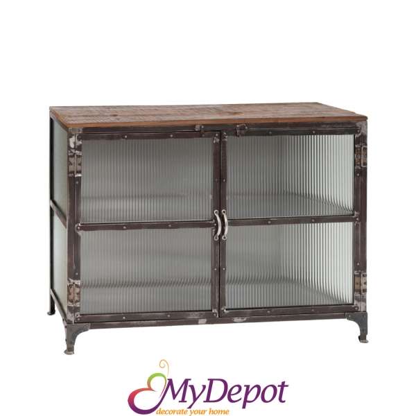 Метален шкаф със стъклени врати и дървена повърхнос, 120x40x89см.