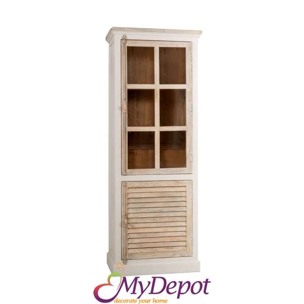 Бяло-бежов дървен шкаф със стъкло и с 2 врати, 75x45x200см