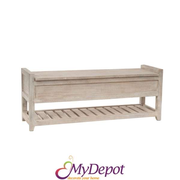 Бяла дървена пейка с ракла, 117x36x46 см.