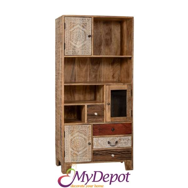 Цветен кафяв дървен шкаф с чекмеджета, 80x40x170 см,