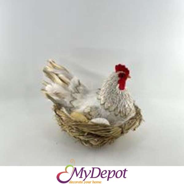 Бяла кокошка седнала в гнездо с яйца 32х25х22см