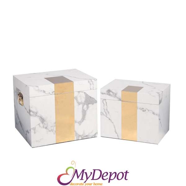 Комплект 2 бр сива кутия с мраморна текстура със златрн кант, 35x27х30cm /30x22x25cm