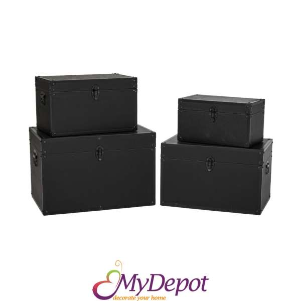 Комплект от 4 броя черен кожен дървен куфар. Размери 58x35x35cm/ 48x30x30cm./ 42х25х25см./36х20х20см