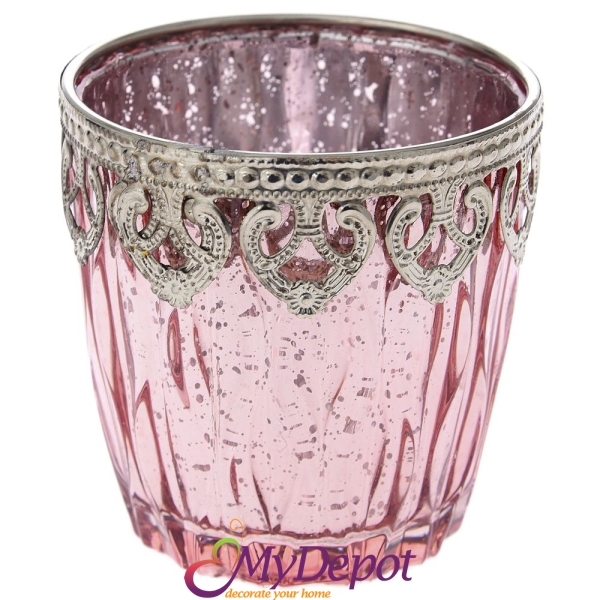 Свещник стъкло с метален обков, розов, Ф10х9см