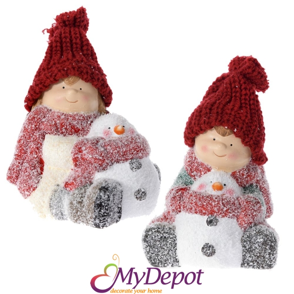 Фигурки момче и момиче с червени шапки и снежко, комплект, поли, заснежени, 11х11х13см