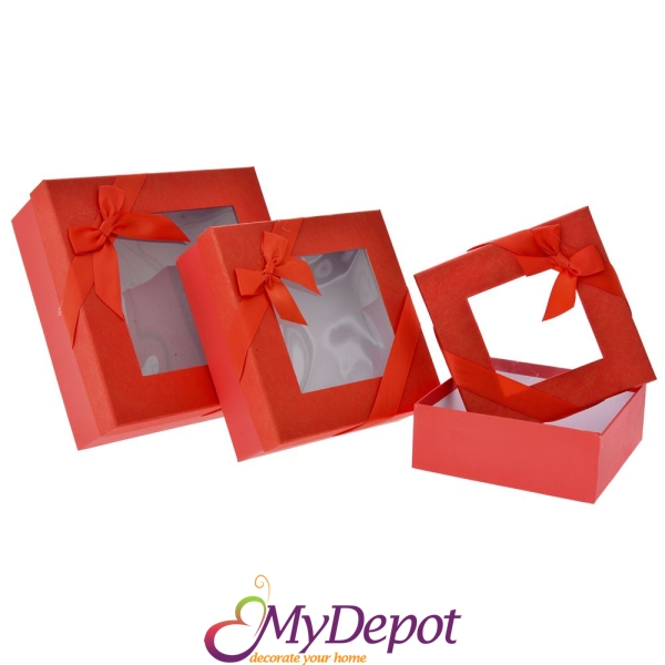 Комплект 3 бр, картонени кутии с прозрачен капак, червена панделка, 17х17х7/19х19х8/23х23х9 см