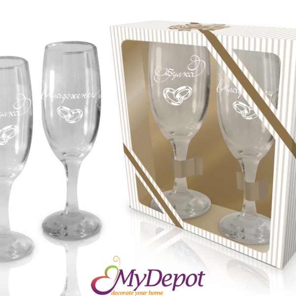 Комплект чаши стъкло със столче &ldquo;БУЛКА / МЛАДОЖЕНЕЦ&ldquo;