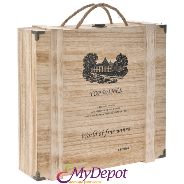 Дървена кутия за 4 бутилки, 36х35х10 см