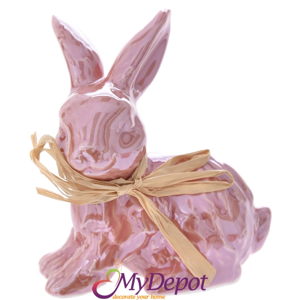 Керамична фигурка заек, гланц, розов, 7х6х10 см