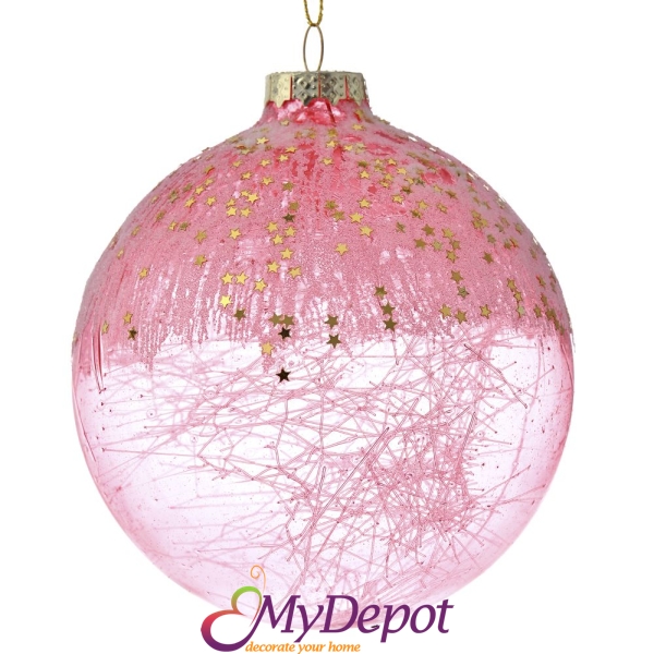 Комплект 4 бр. стъклена топка с розова декорация, 10 см