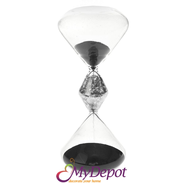 Стъклен пясъчен часовник със сребърен кант. Размер: 8х20 см