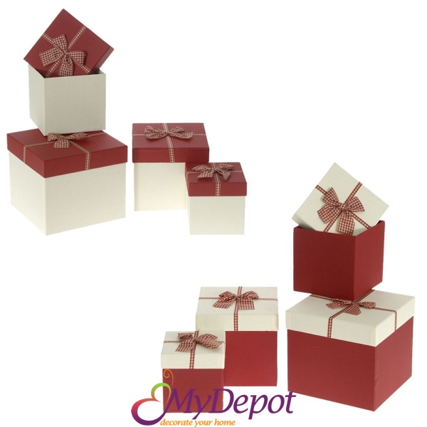 Картонени кутии к-т 4 бр, бяло/бордо с панделка, 20х20х22 см
